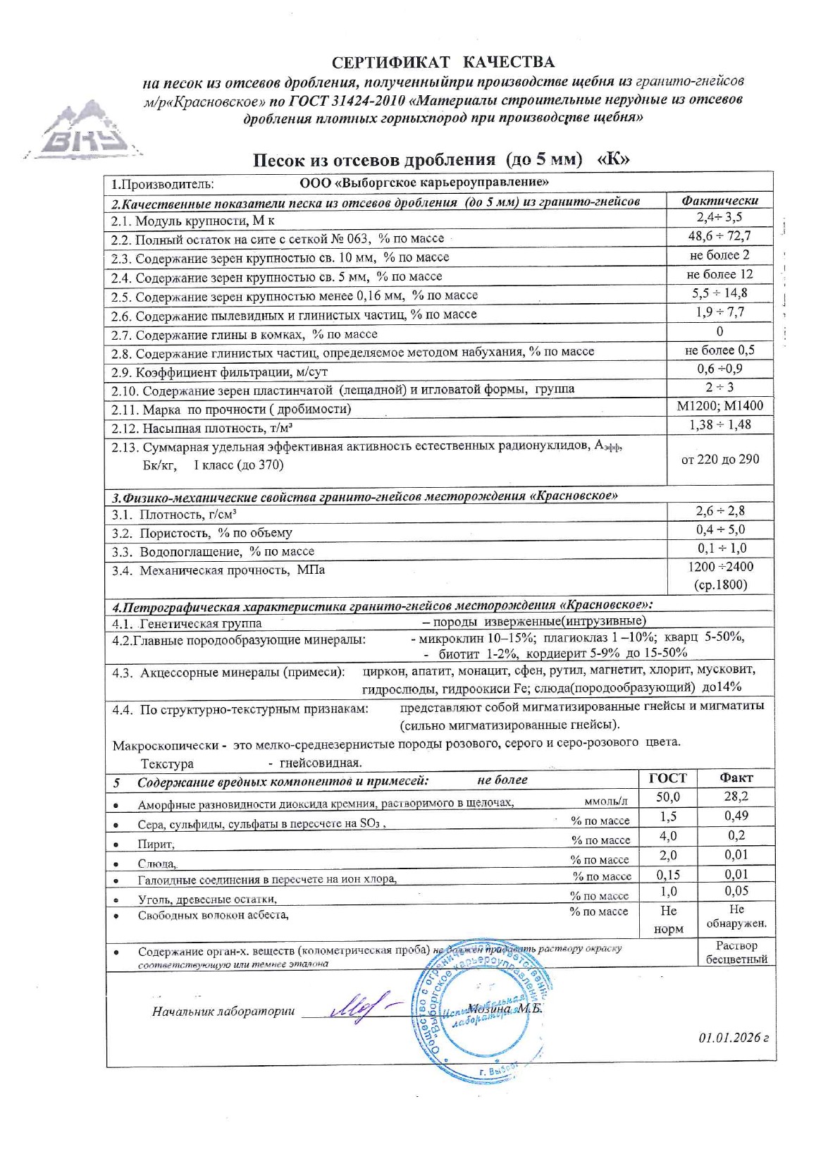 Сертификат качества на отсев 0–5